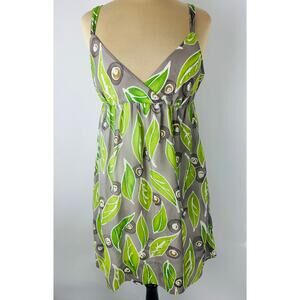 Vince Empire Waist Silk Mini Dress Green Leaf Print Boho Sundress Botanical 8 M